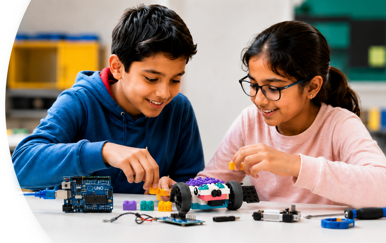 Students exploring hands-on STEAM learning with an electronics board